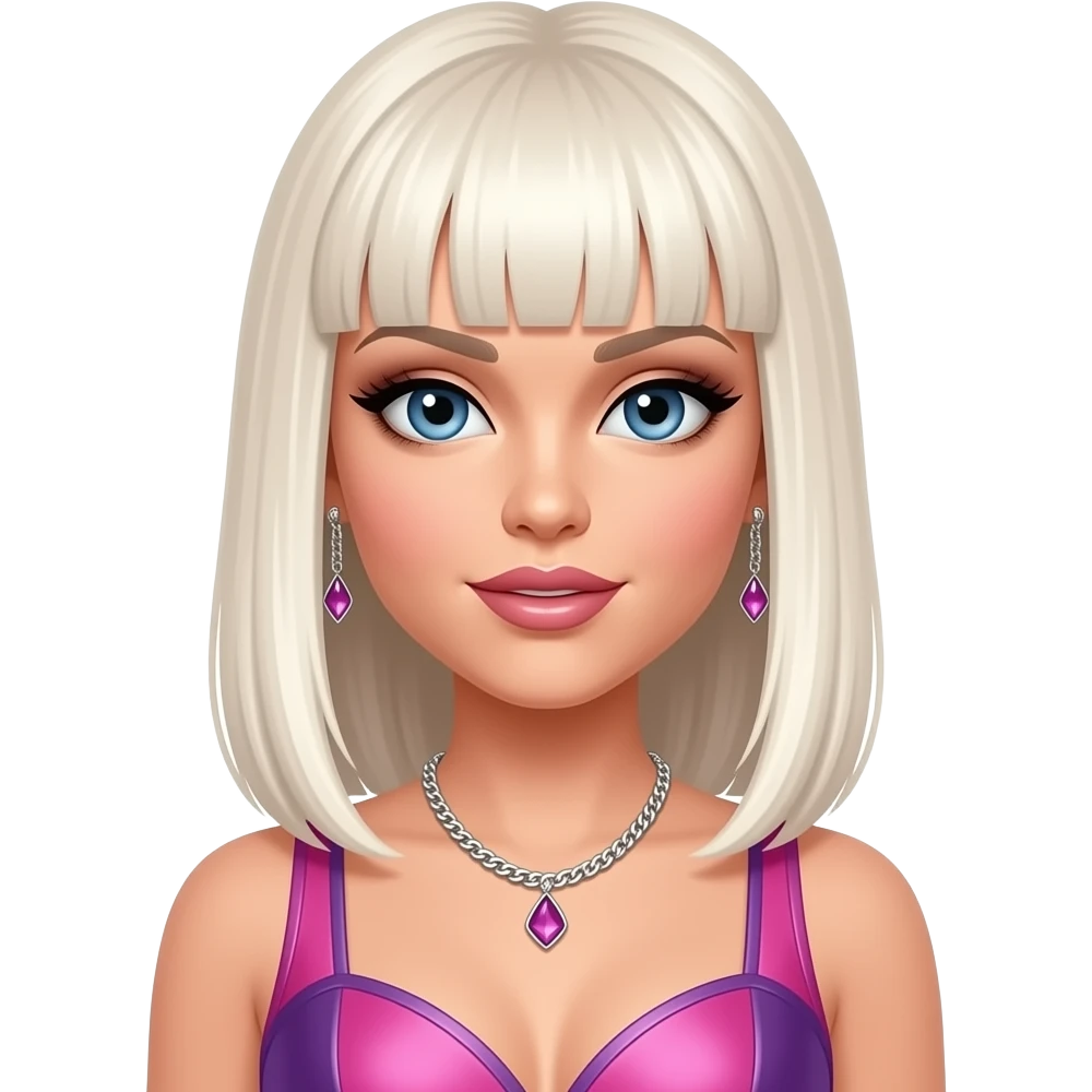 Kimberly Wyatt from The Pussycat Dolls with blue eyes, medium white-blonde straight bang hair, pink and purple r&b outfit, necklace and earrings emoji