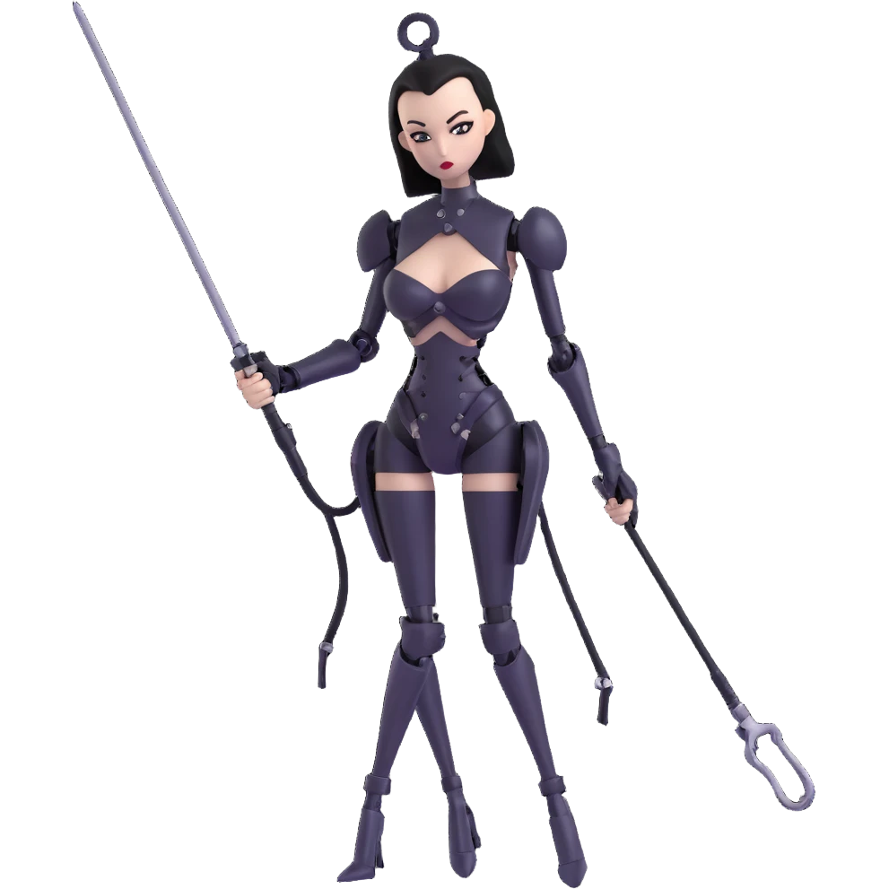playful emoji of a slender female robot dominatrix, black metal, with a whip emoji