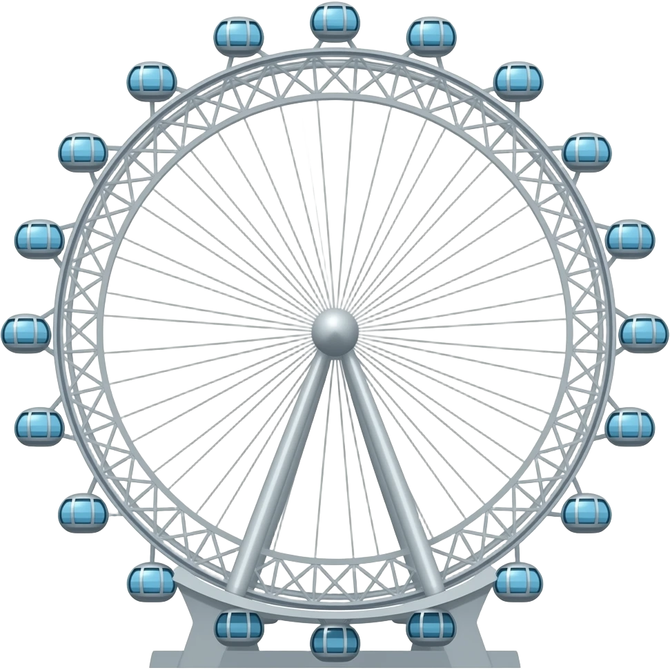 London Eye Ferris wheel only, isolated, centered, no background, no skyline, no river, no buildings, no scenery, no text, clear circular structure, delicate capsules, soft blue gray metal, iconic London landmark emoji