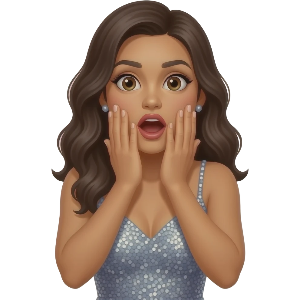 colombian woman in shining party dress very shocked expression with hands covering mouth closeup emoji