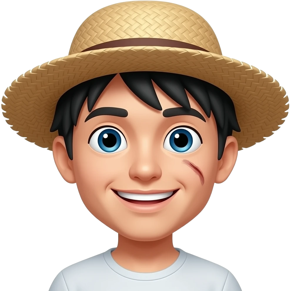 normal happy face emoji with a straw hat on its head and a scar below his right eye emoji