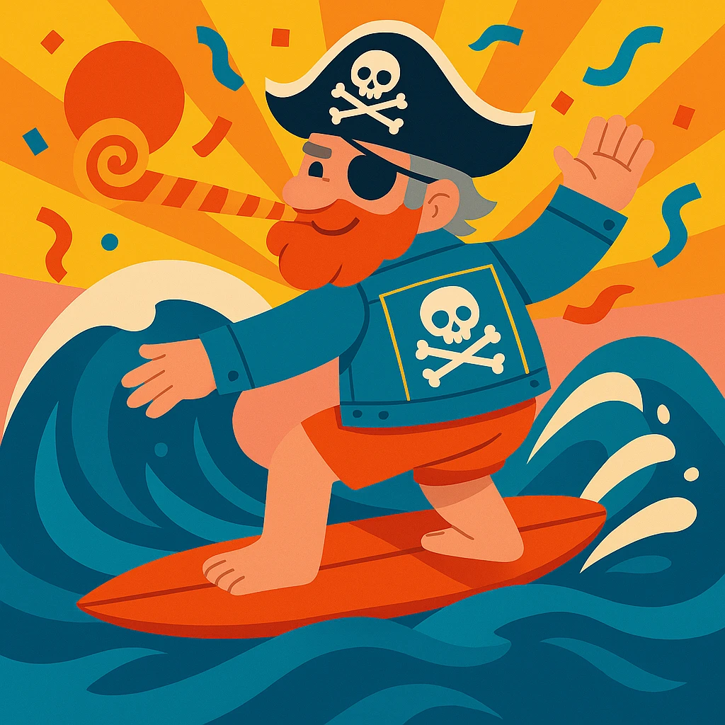 Change the surfer's hair to grey, keep all other details the same, in a style suitable for editing. emoji
