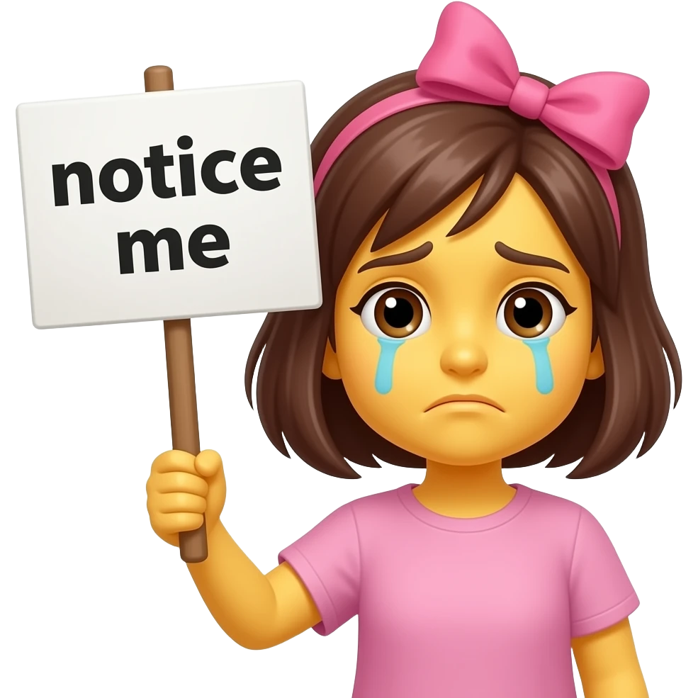 Yellow smiley with pink hairbow sad holding up a sign that says "notice me" emoji