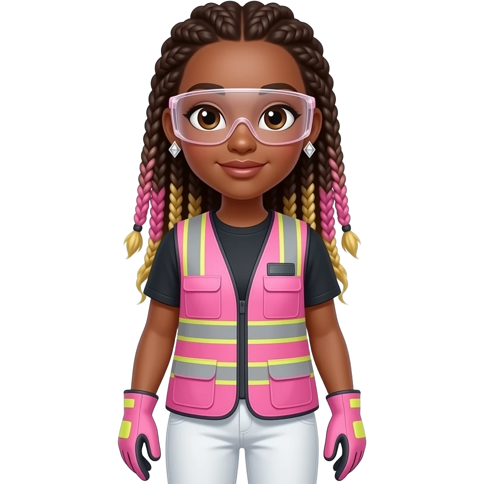 African American woman with brown eyes with long pink and gold box braids wearing diamond earrings wearing pink and clear safety glasses wearing a pink construction vest wearing white pans wearing pink construction vest wearing white pants wearing pink construction gloves emoji