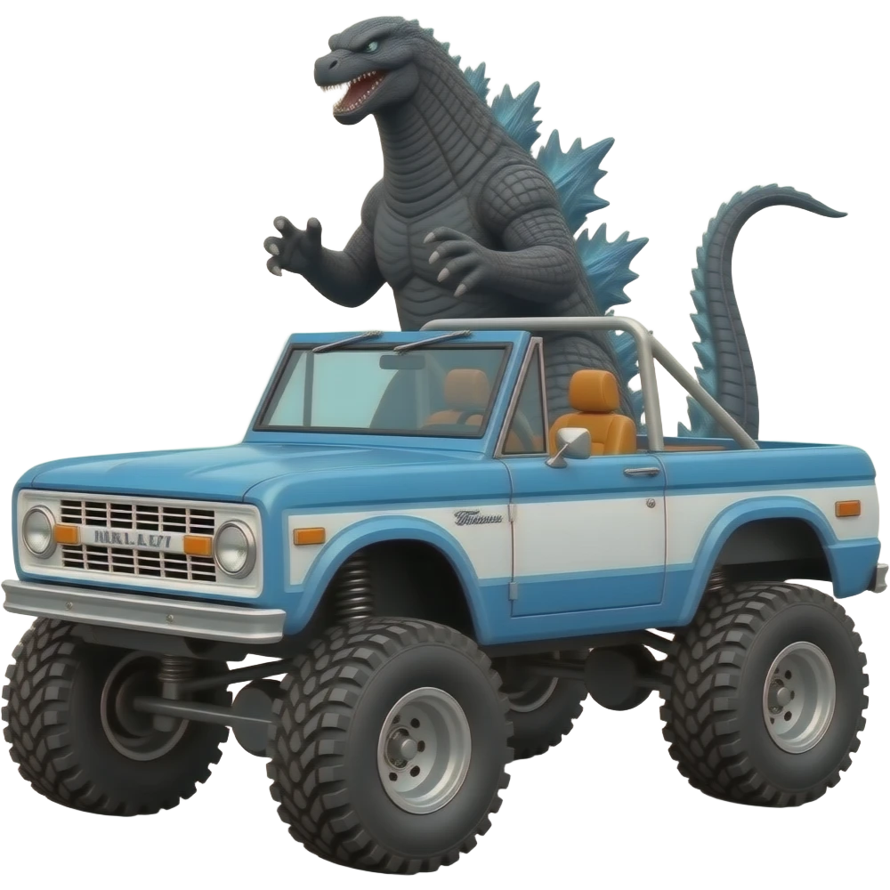 Godzilla behind 1967 ford bronco with two tone paint: blue on hood, blue with white stripe on sides, and orange interior. Convertible with no top but with full roll cage. Exaggerated lift and oversized 4x4 tires. emoji