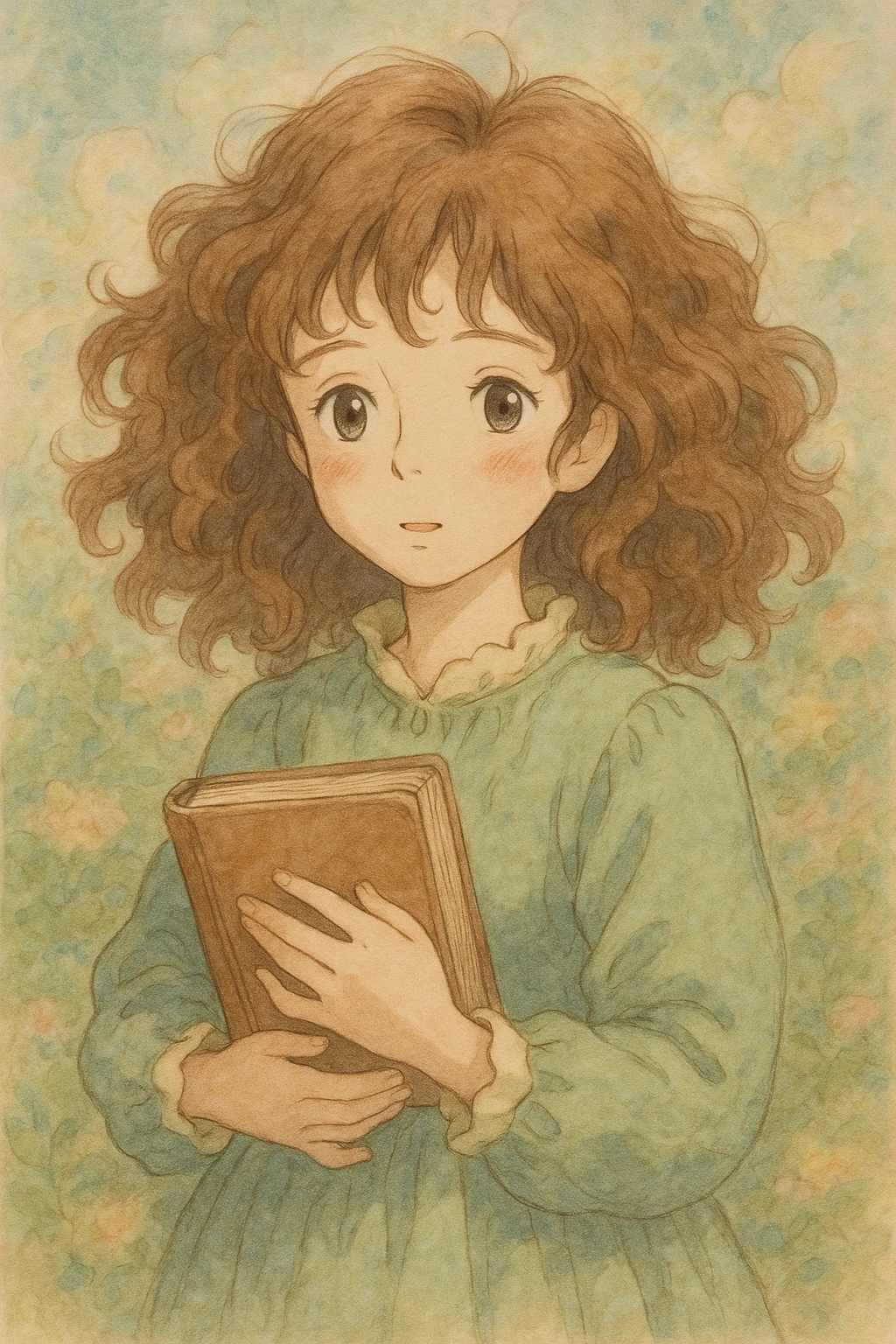 girl with brown curly hair and a book, ghibli style emoji
