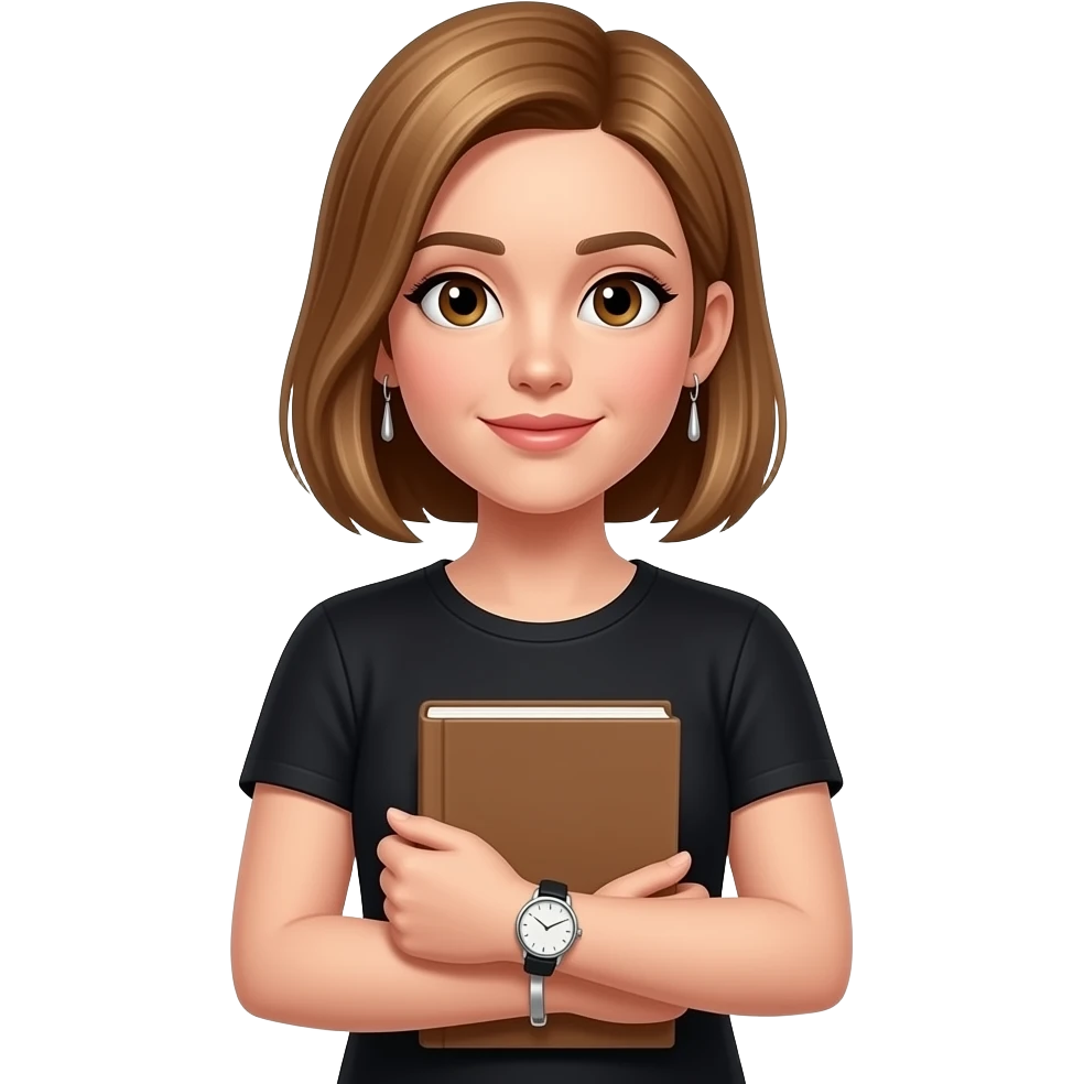 femme cheveux chatains blonds au carré, raie sur le côté droit, yeux marrons, lèvres fines, t-shirt noir, boucles d'oreilles pendantes en argent, des livres dans les bras, une montre noire et ronde au poignet gauche et un bracelet en argent au poignet droit, emoji