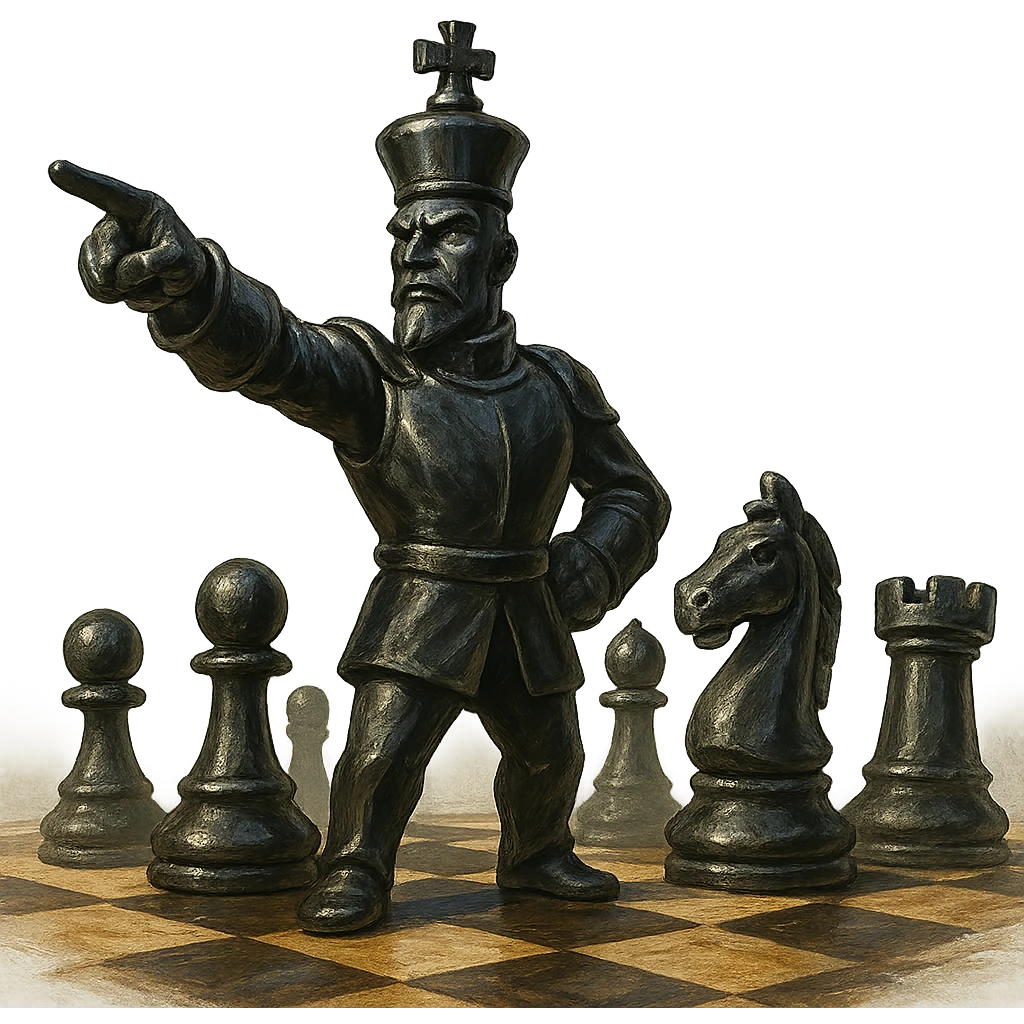 В cлегка рисованной, но при этом объемной, яркой и фотореалистичный стилистике сгенерируй картинку где по центру стоит шахматный король сделанный из качественного чёрного золота, он указывает пальцем в даль как военноначальник, а рядом фигуры пешек, конь, ладья, слон идут в атаку, на полу виднеется шахматная доска, фон позади фигур прозрачный фон emoji