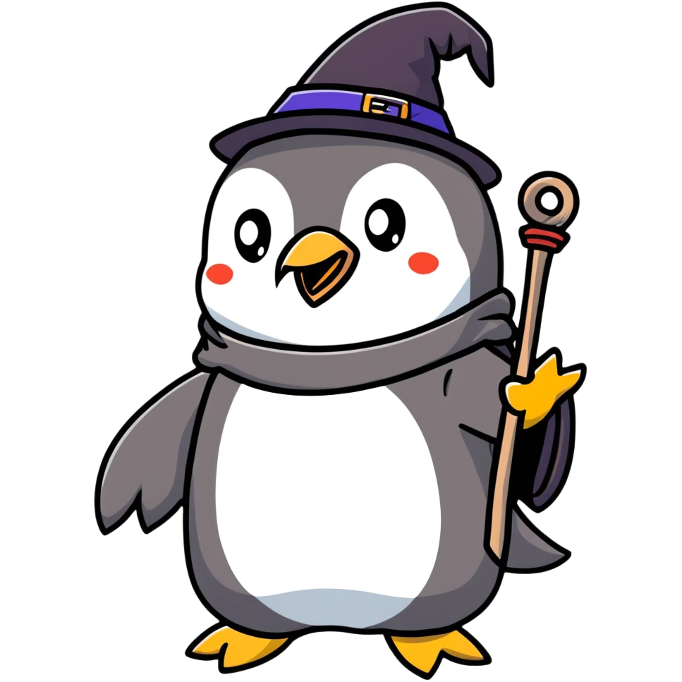 a penguin wizard with a staff and hat next to a small dragon emoji