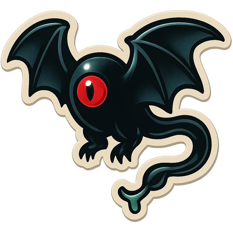 an all black bat-like creature. One cyclopian red eye in its face. no visible mouth or ears. has a long tale with a stinger that drips green poison emoji