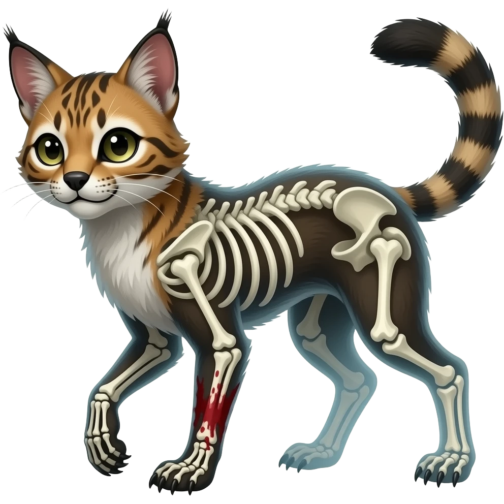 Digitigrade quadrupedal swampy ghostly dull spectral edgy spooky bloody meager thin cool beautiful skeleton-fantasy-caracal-civet-genet-sergal-vernid-Cacomistle-oncilla-animal-Fakémon-hybrid-fursona (full body) emoji