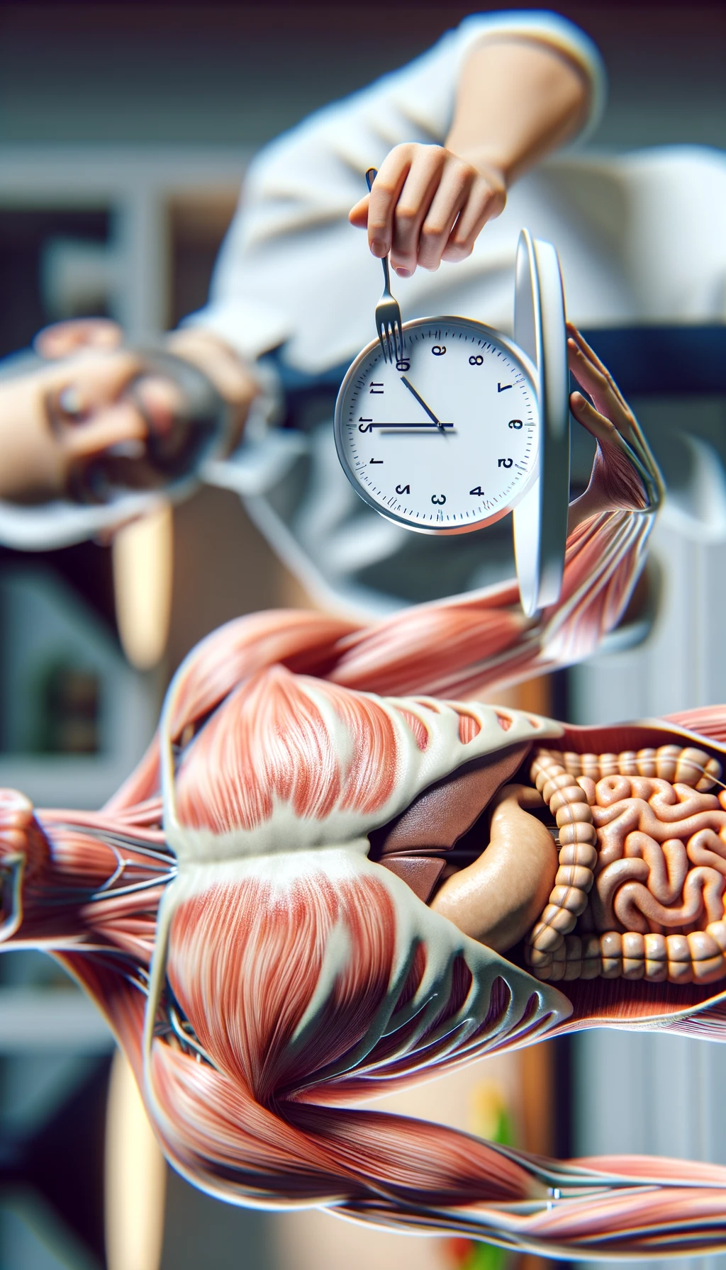 corpo umano anatomico, che tiene in mano un piatto bianco con la lancette di un orologio sopra, figura visibile fino ai fianchi, espressione del volto soddisfatta, sullo sfondo la sua cucina sfocata, iperrealistico 4k emoji