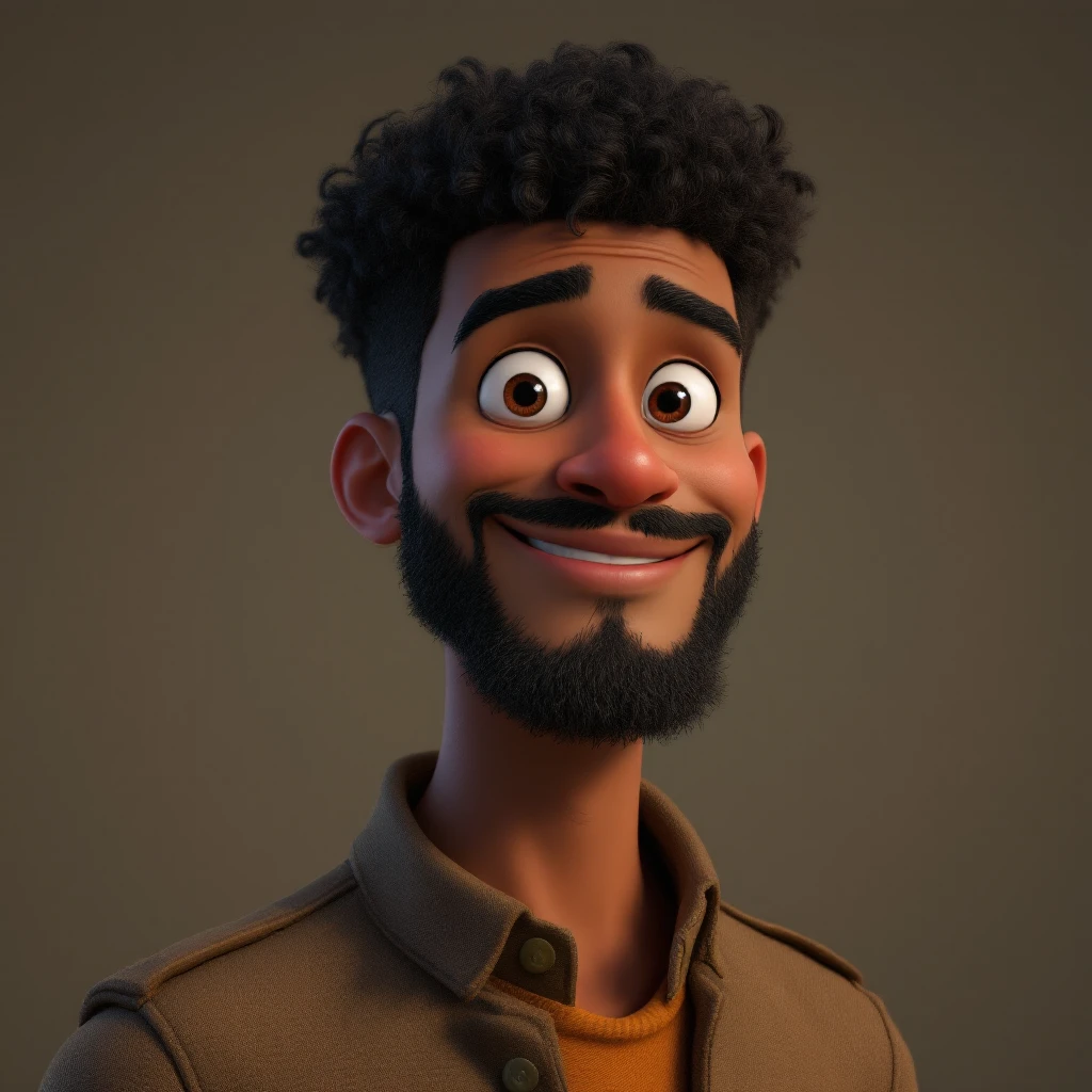 3D Disney style character of a man with short curly black hair, brown skin, and a friendly smile, referencing the provided image emoji