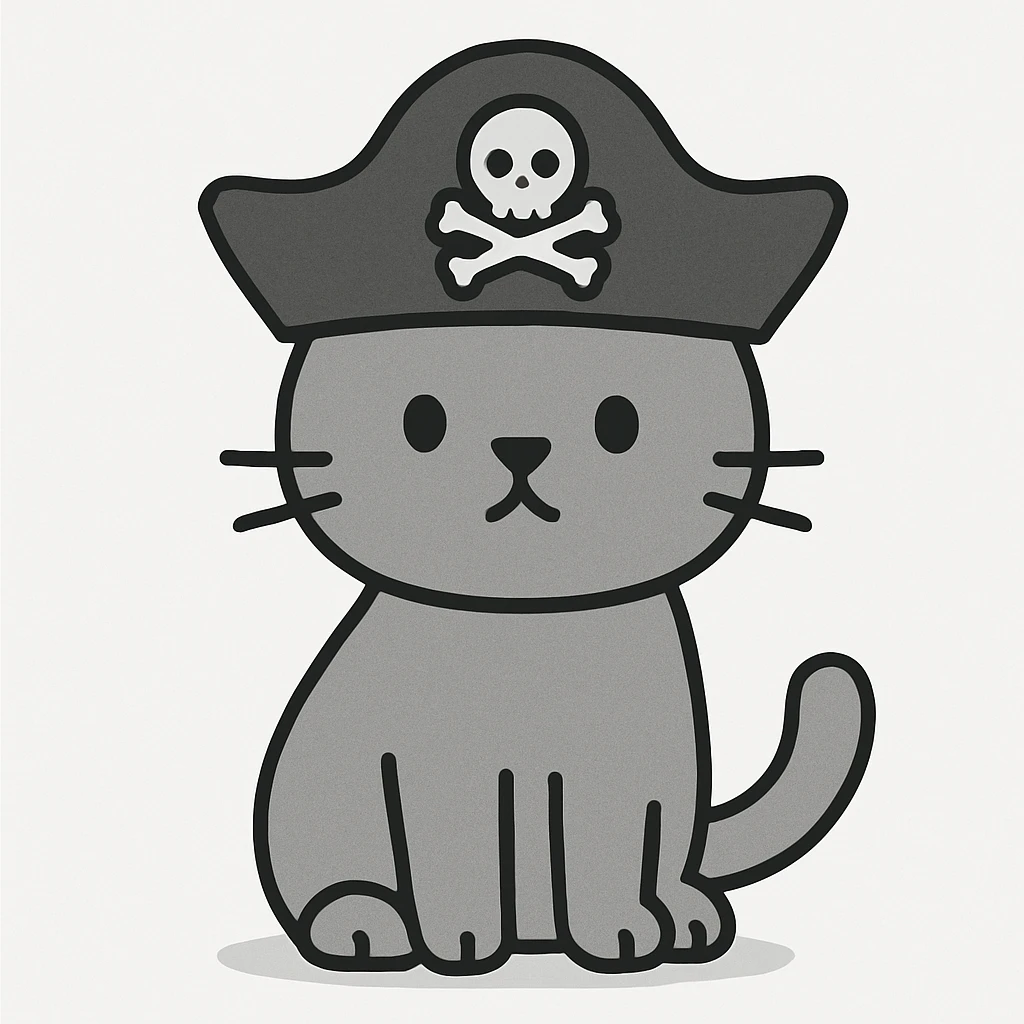minimal and simple cat with a pirate hat, flat gray style, clean lines, solid flat colors, minimalistic design emoji