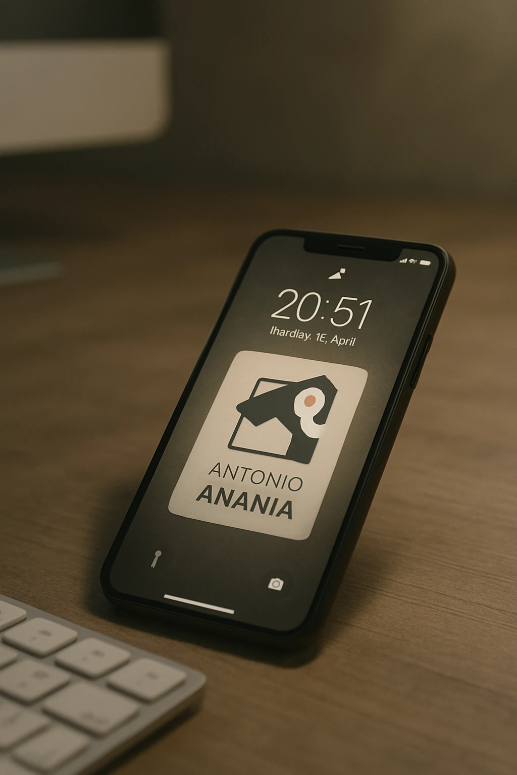 A photo of an iPhone with the message "Antonio Anania" on its screen, The phone sits atop a desk with a blurred background that suggests work environment. A faint glow from above casts gentle shadows across the surface of each object, creating depth and highlighting their textures. emoji