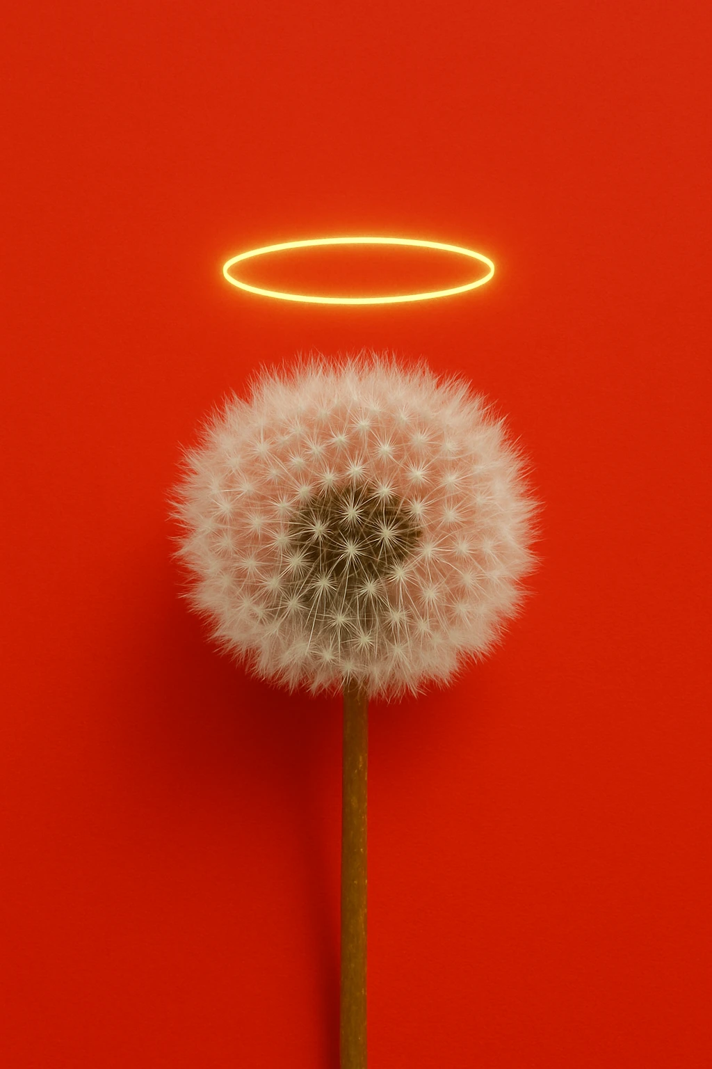 a dandelion with a halo and a red background emoji