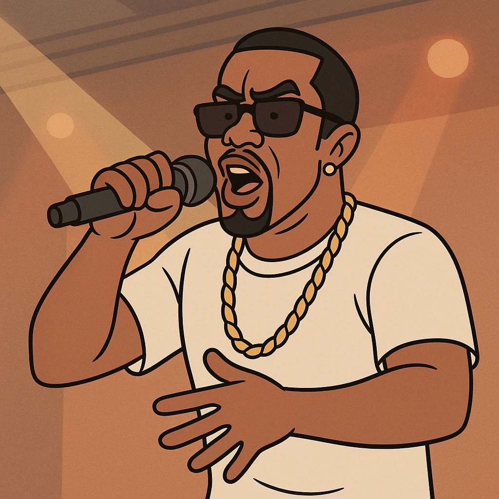 P Diddy performing on stage with a microphone, flat toon style emoji