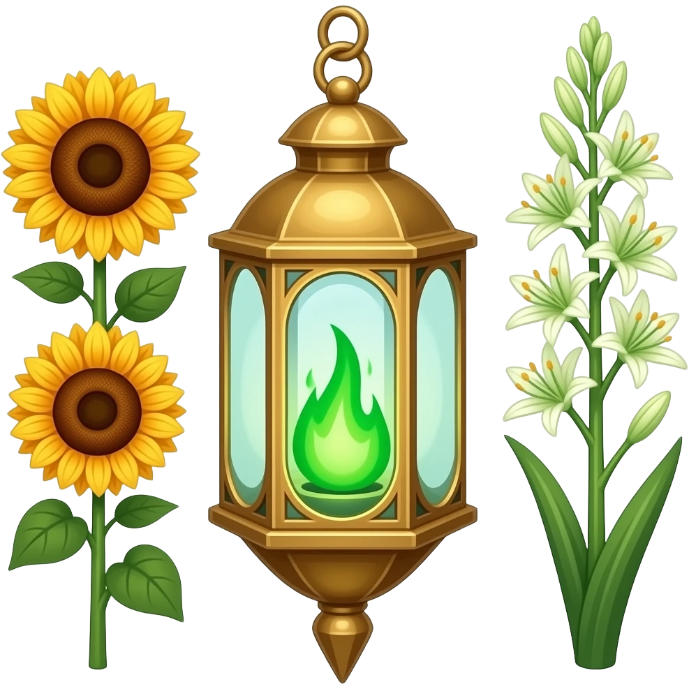 A golden hanging lantern with a bright emerald flames, an empty loop on top, fae themed sunflowers on the left and fully bloomed asphodels on the right as part of the design, but simple focus more on the green flames, paint the glass more green, have its bottom point come to some sort of point emoji