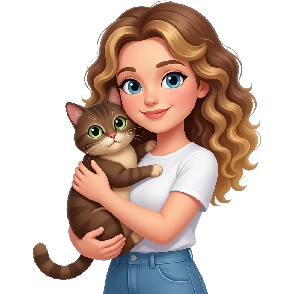 A woman with curly brown and blonde hair with white skin hugging a european brown cat whit green/grey eyes emoji