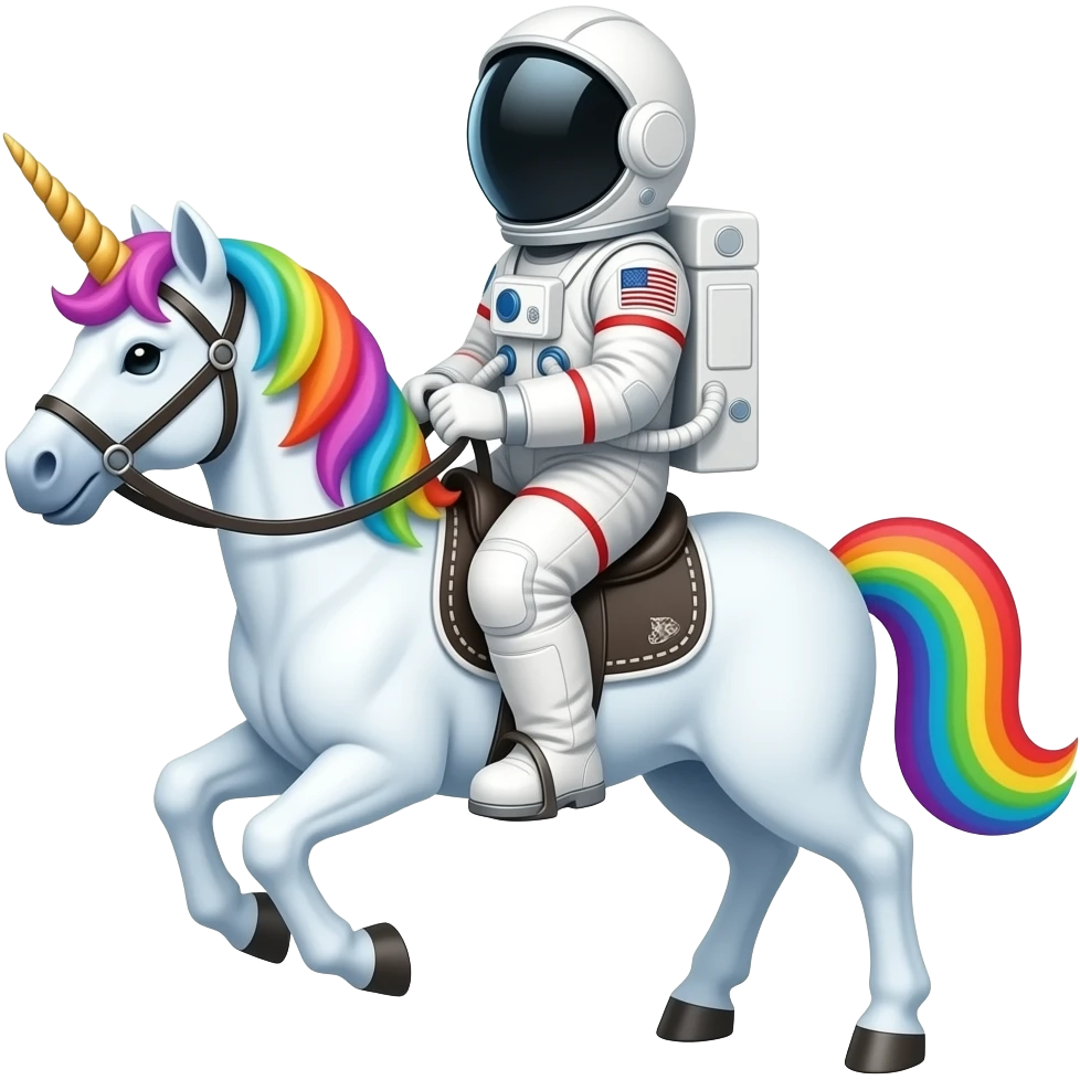 astronaut riding a magical rainbow unicorn emoji