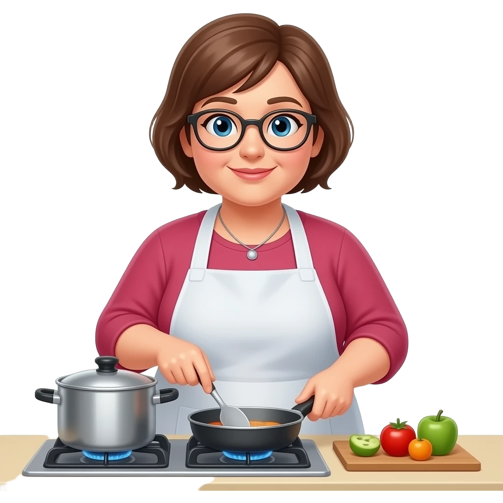A 51-year-old woman who is slightly overweight, with very very short brown hair, wears glasses, and loves to cook emoji