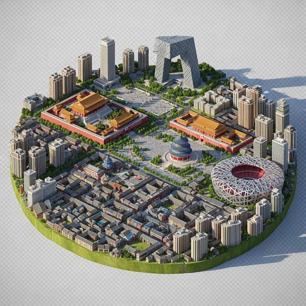 Isometric miniature of Beijing Forbidden City, Tiananmen Square, CCTV Headquarters, Temple of Heaven, China Zun tower, Bird’s Nest Stadium and crowded hutong alleys, apartment blocks, 3D miniature effect and Tilt Shift effect, no cartoonish look, transparent background, don't cut angles emoji