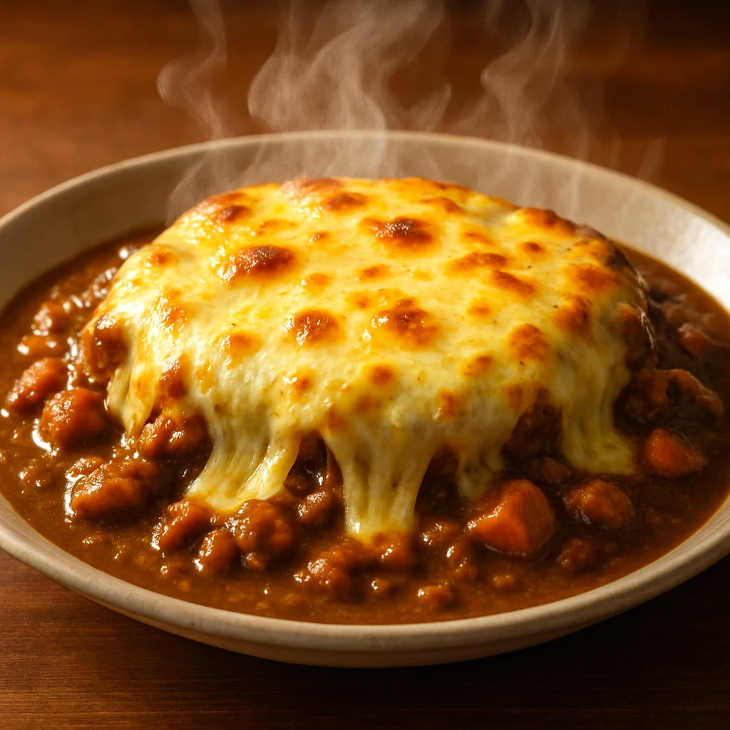 cheese-covered curry, bubbling cheese, aromatic steam, hearty serving emoji