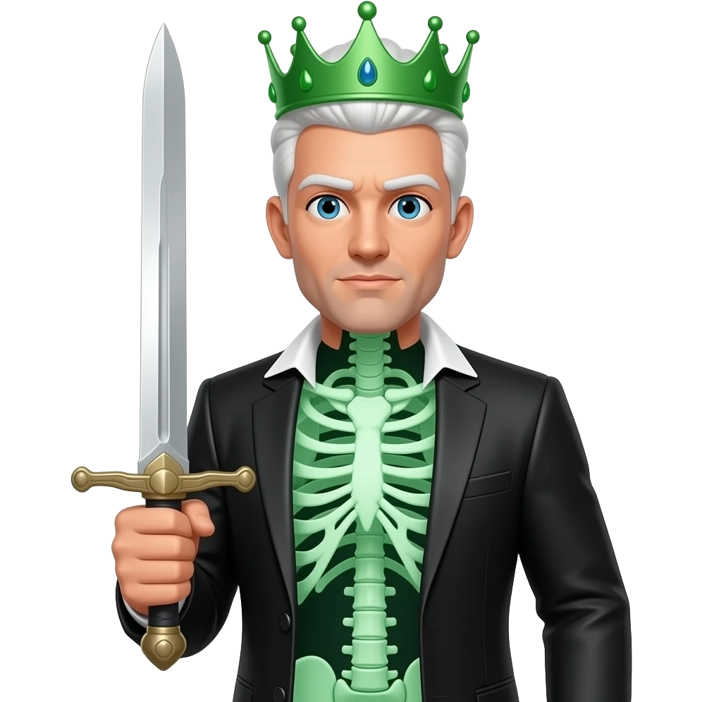 A man that has a black suit and his torso is transparent that Shows green bones and he has a green crown and sword and has white fluffy hair emoji