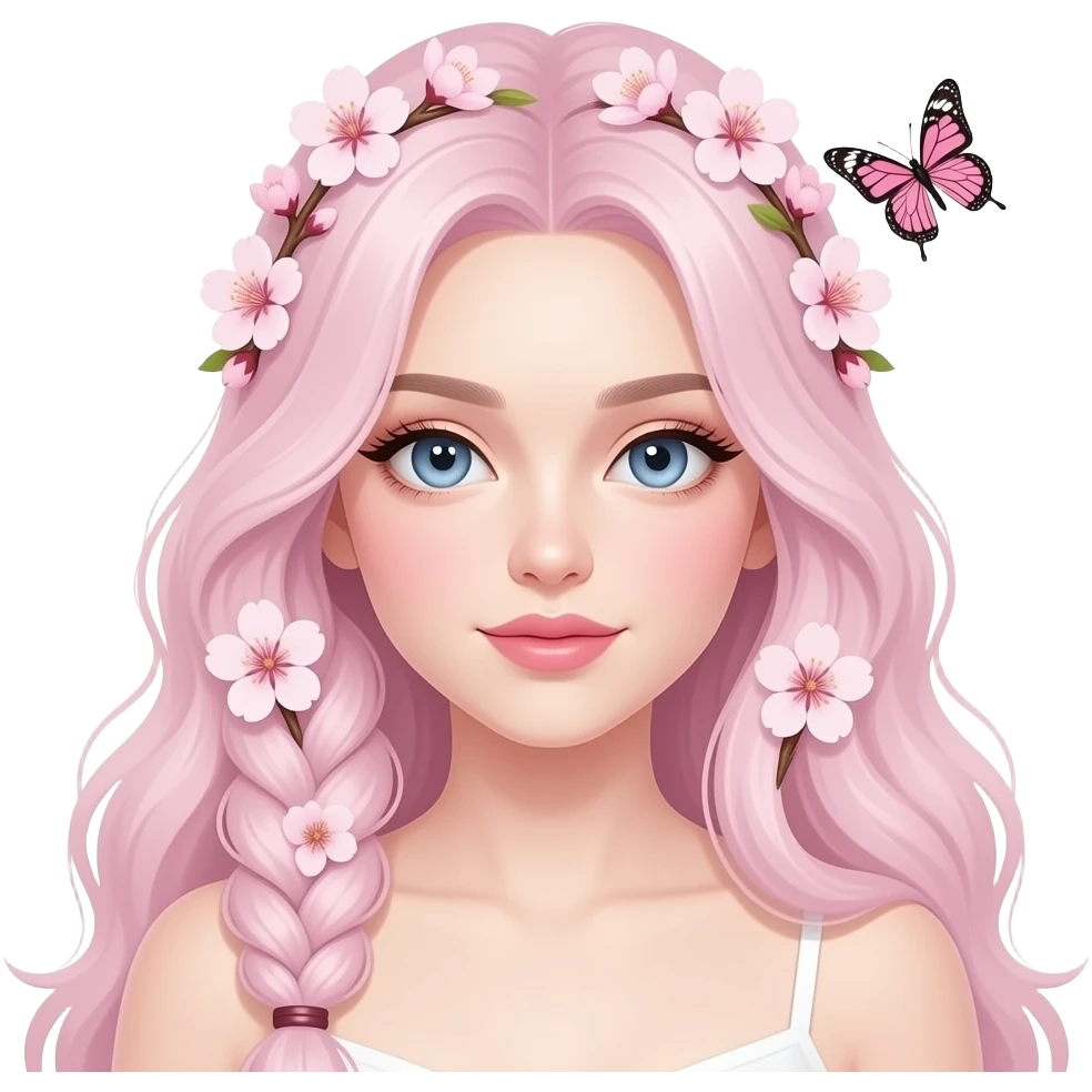 A Gorgeous Beautiful Anime Lady Sakura Cherry Blossom and Pretty Hair, pastelcore aesthetic, pastel pink and white, butterfly, Fairycore emoji