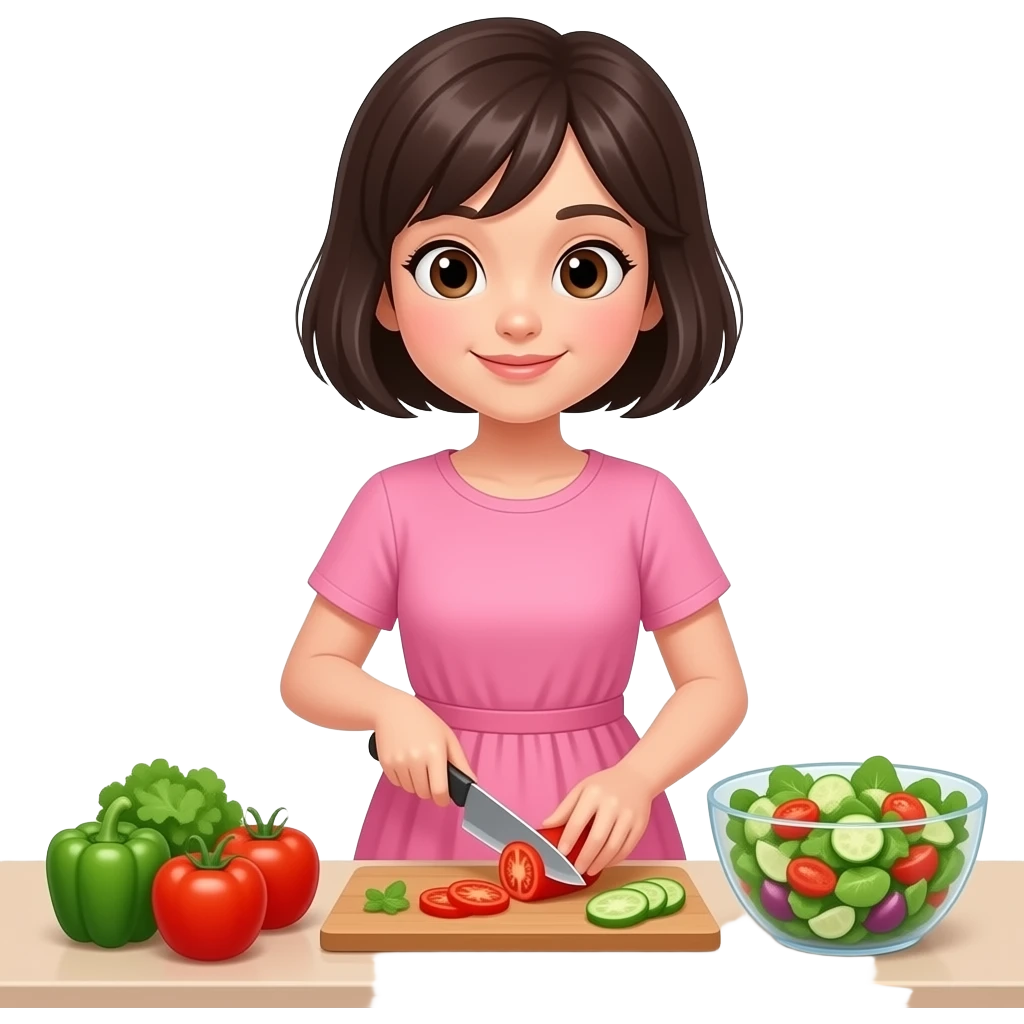 chica de cabello oscuro y corto, sin accesorios, con vestido color rosa, picando vegetales para una ensalada en la cocina emoji
