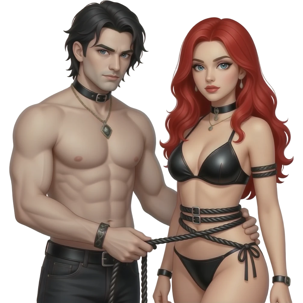 Gothic Man no shirt tying a Red haired Woman in leather bikini with thick bdsm rope emoji