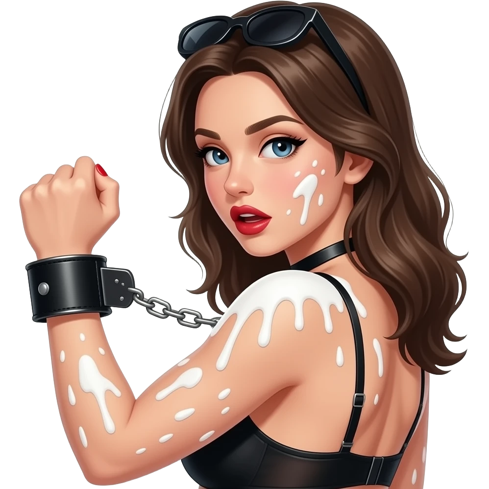 Sexy brunette a black lingerie covers all over with splattered chunky whitecake batter with clenched fist and one red nailsblack leather hand cuffs   Hands behind back looking over her shoulder with mouth openclose-up emoji