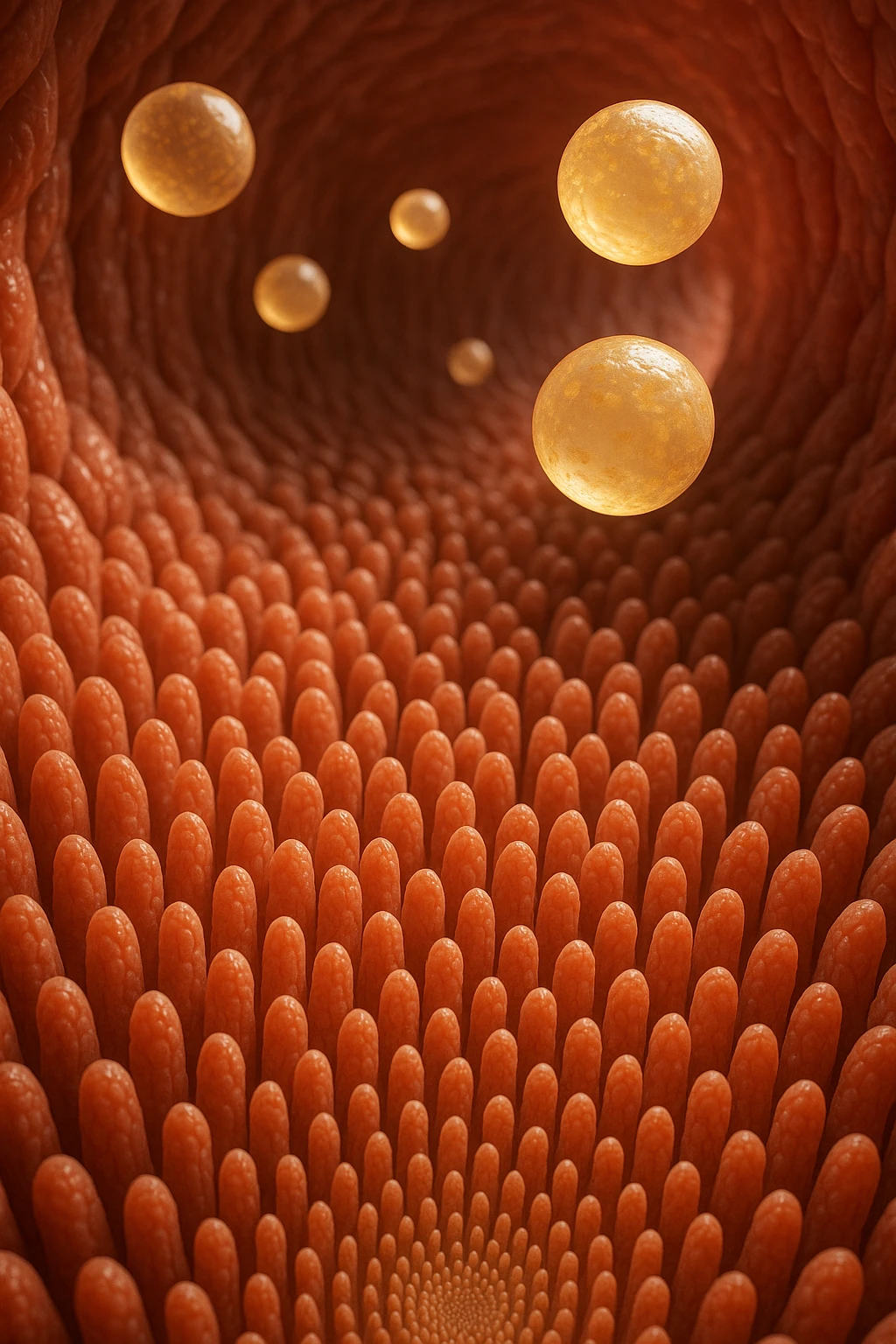 VILLI INTESTINALI CON CELLULE DI GRASSO CHE CI FLUTTUANO SOPRA, INTERNO REALISTICO DI UN INTESTINO, IPERREALISTICO 4K emoji