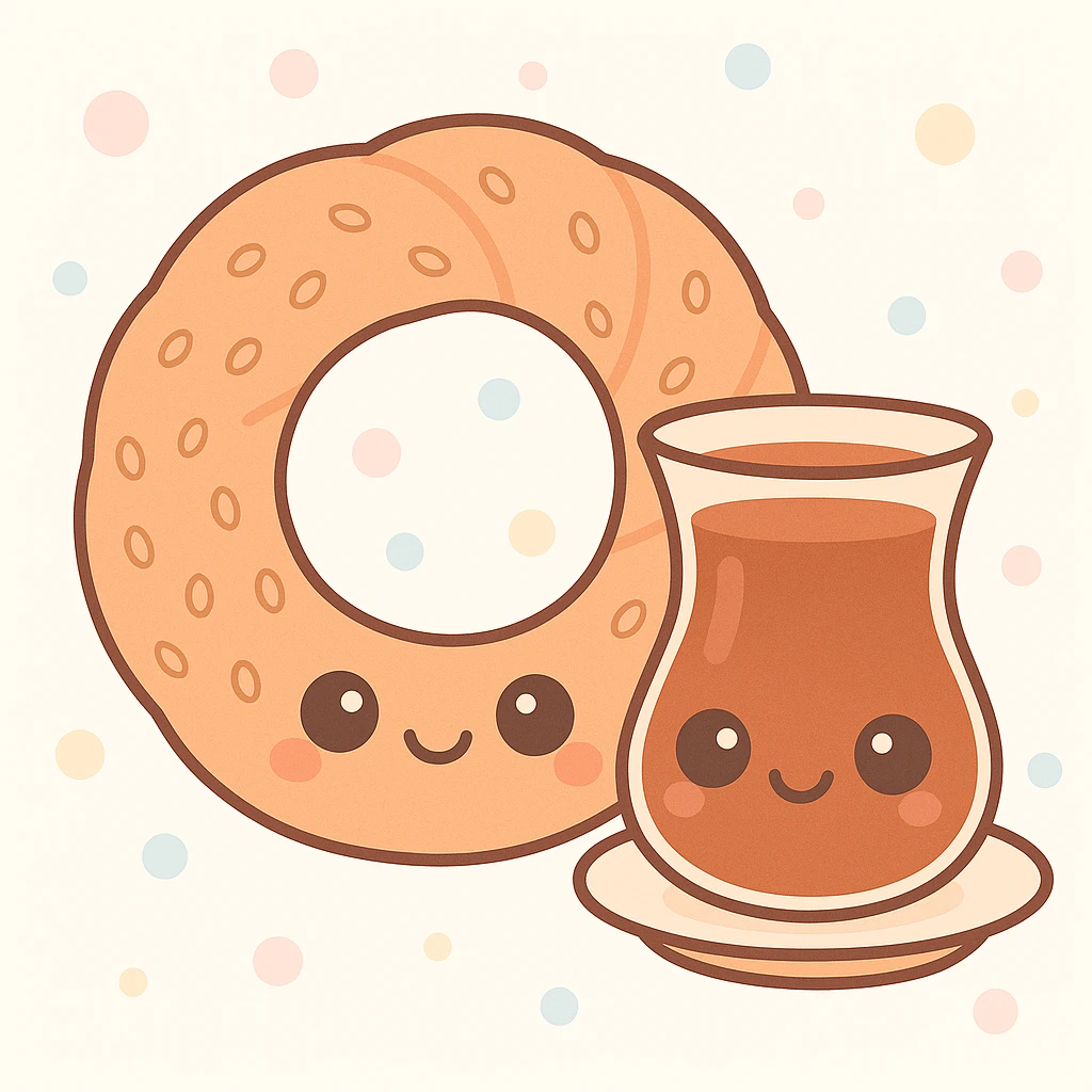 Add a traditional Turkish tea glass next to the simit, keeping the cute kawaii cartoon style. emoji