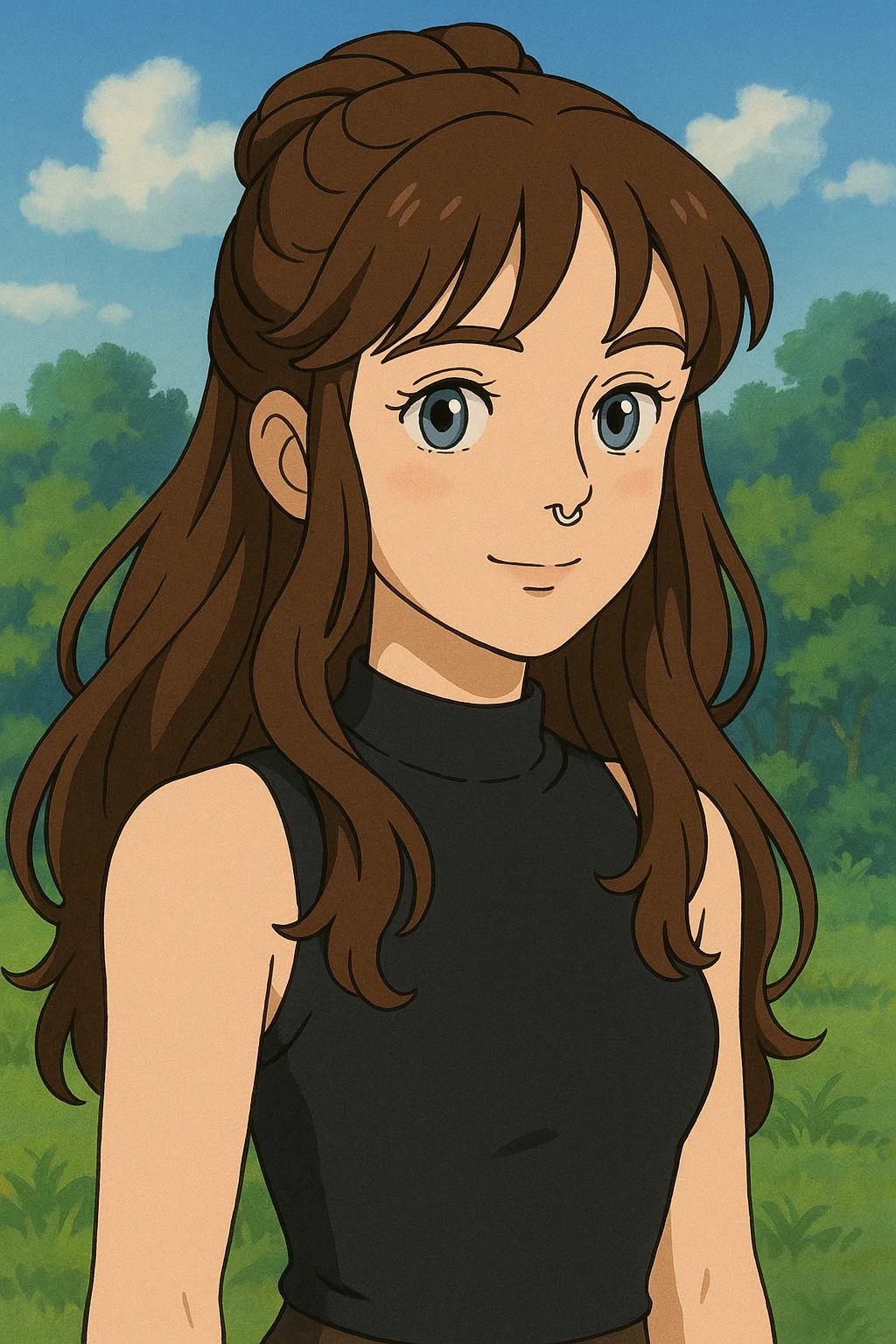 a woman with brunette half-up long wavy hair, blue-grey eyes, wearing a black high neck tank top, and a septum piercing, clean illustrative style emoji