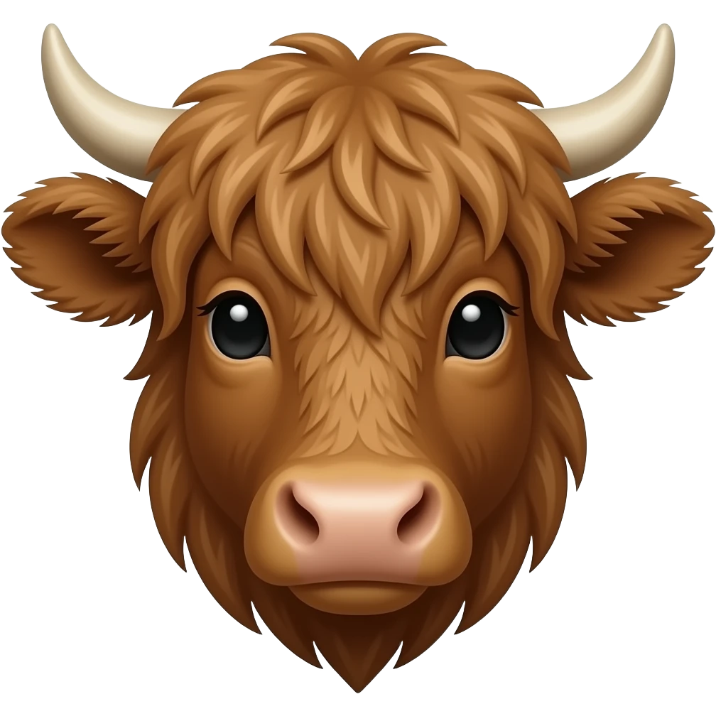 ​بقرة المرتفعات: رأس بقرة بنية ذات شعر طويل وكثيف وقرون صغيرة. emoji