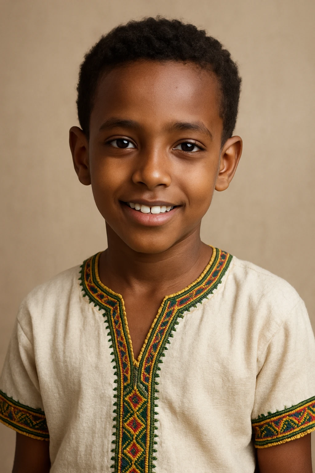 Ethiopian young boy, friendly expression, short curly hair, traditional shirt, neutral background emoji