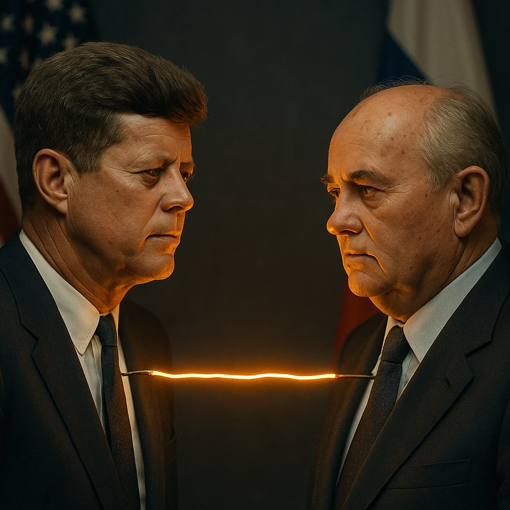 realistic portrait of John F. Kennedy and Mikhail Gorbachev with a glowing hot wire between them, US and Russian flags, Cold War context emoji