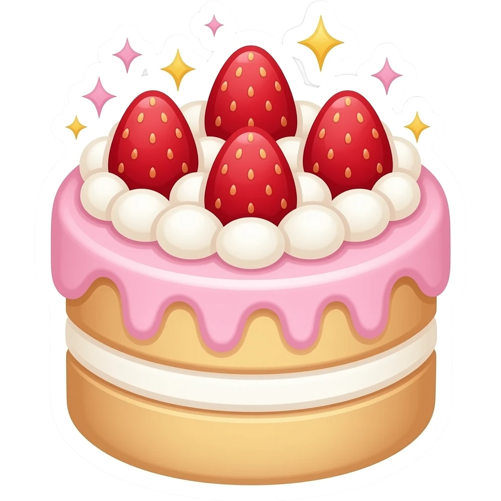cute pastel celebration cake emoji, beautiful layered cake with pink cream frosting, strawberries and sparkles on top, kawaii dessert style, soft pastel colors, simple emoji design, sticker style, transparent background emoji