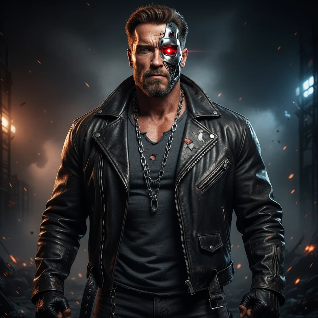 Make this phot of me look buff like Arnold Schwarzenegger in The Terminator, with his biker costume, using my own hairstyle and face. Show half my face as a cyborg with metal and a glowing red eye. I want to look strong, intimidating, and heroic. emoji