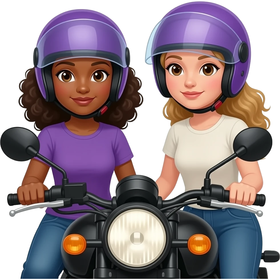 Dos mujeres de tez morena y blanca cabellos lacios en moto negra y cascos morado y lila emoji
