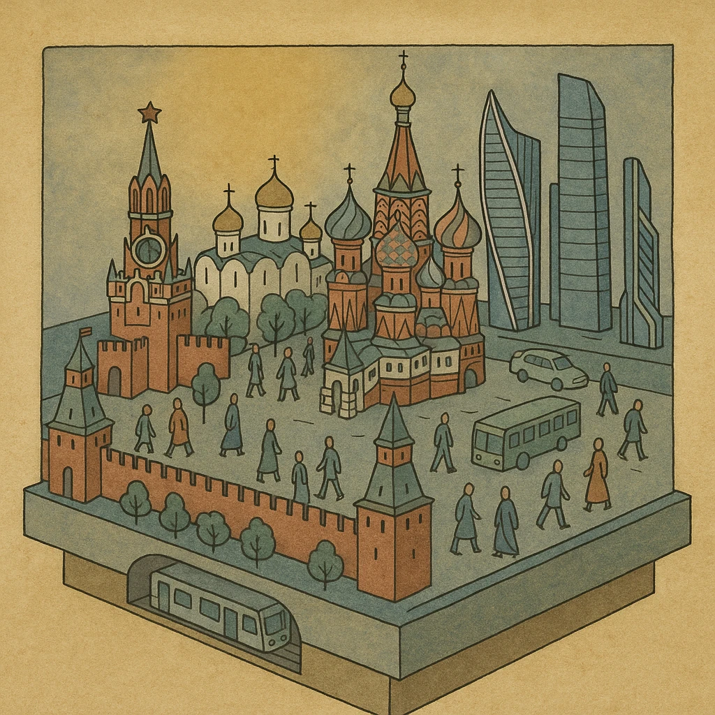 Изометричная миниатюрная 3D модель Москвы на подставке - фотореалистичный Кремль, собор Василия Блаженного, Башни Москва-Сити, аккуратная детализация, яркие цвета, мультяшный реализм, гуляют люди и современный автотранспорт и метро, компактная композиция, вид сверху в изометрии emoji
