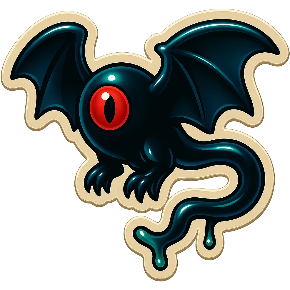 an all black reptilian bat-like creature. One cyclopian red eye in its face. no visible mouth or ears. 2 hind legs with claws. has a long tale with a stinger that drips green poison. no ears. no horns emoji