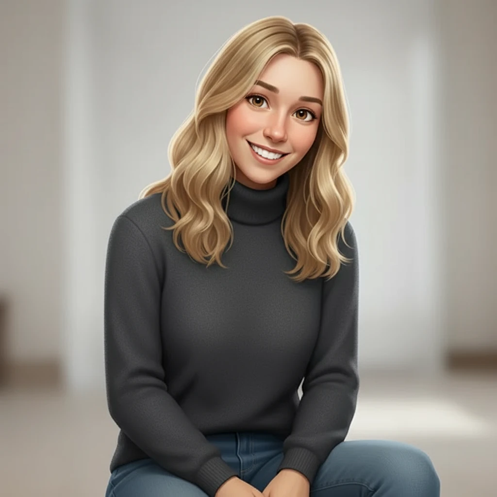 нарисуй эту девушку строго фас она сидит в водолазке и джинсах, без шапки  emoji