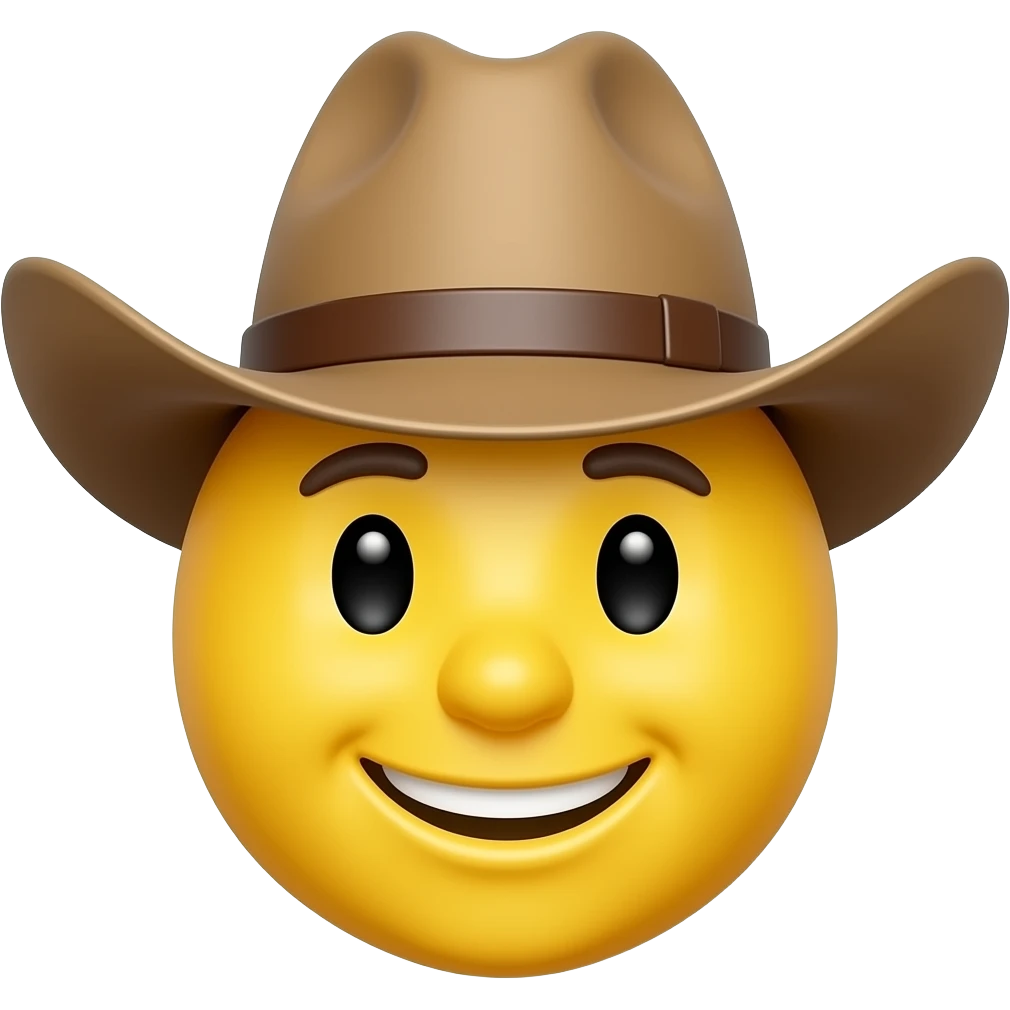 Yellow circle with no nose and eyebrows having a fancy cowboy hat smiling emoji