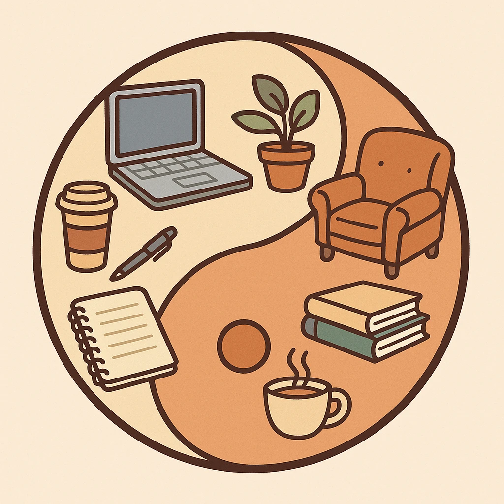 flat minimal style of a yin-yang symbol with one side showing office items and the other side showing home and relaxation items emoji