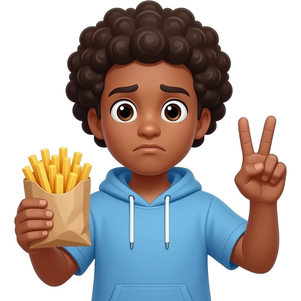 Black apple emoji teen guy with Afro confused  while holding fries jn the bag , holding up peace sign emoji
