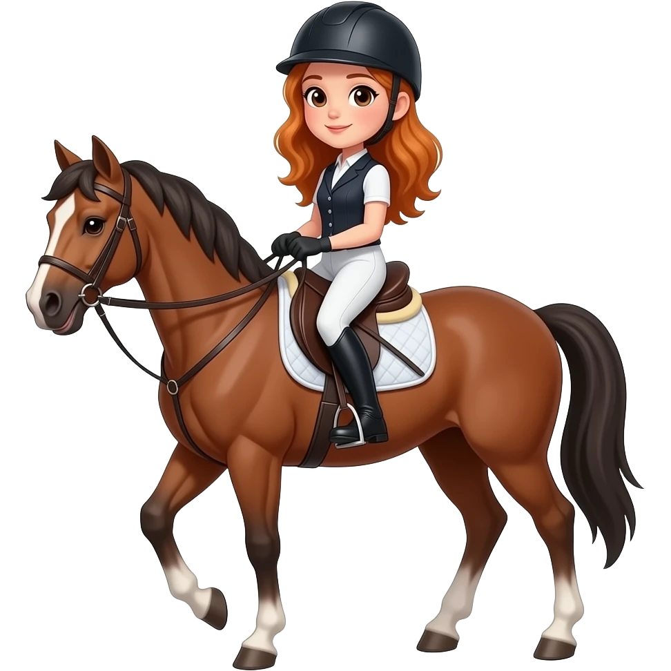 ginger hair equestrian girl with wavy hair and brown eyes and a horse emoji