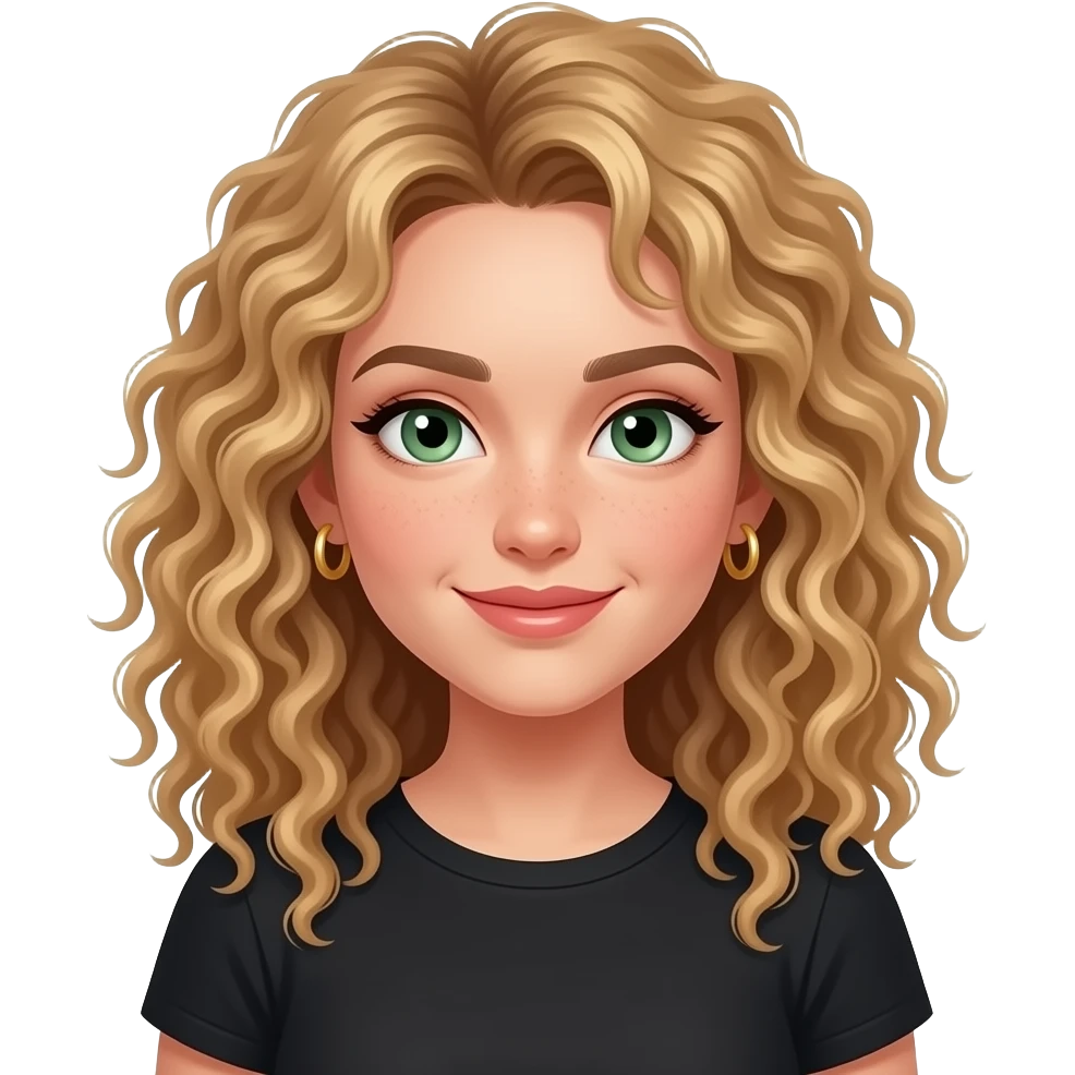 Create a fair girl with super curly hair and sage green eyes and curly dirty blonde hair, and give her gold small hoop earrings, curlier hair, and give her some lip gloss, and give her a black t shirt, and make her smile a little bit, and make her a little bit bigger emoji