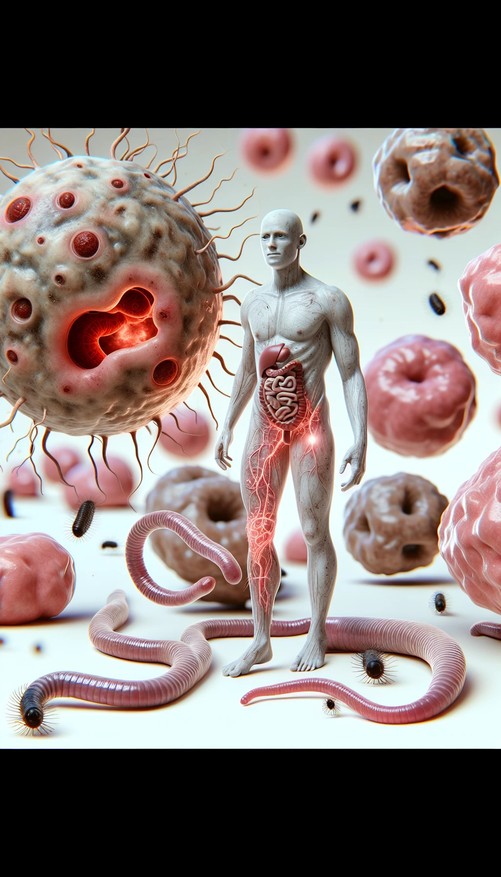 corpo umano anatomico con cellule tumorali intorno, cancro e malessere generale, parassiti come la tenia intorno, sfondo neutro chiaro, iperrealistico 4k emoji